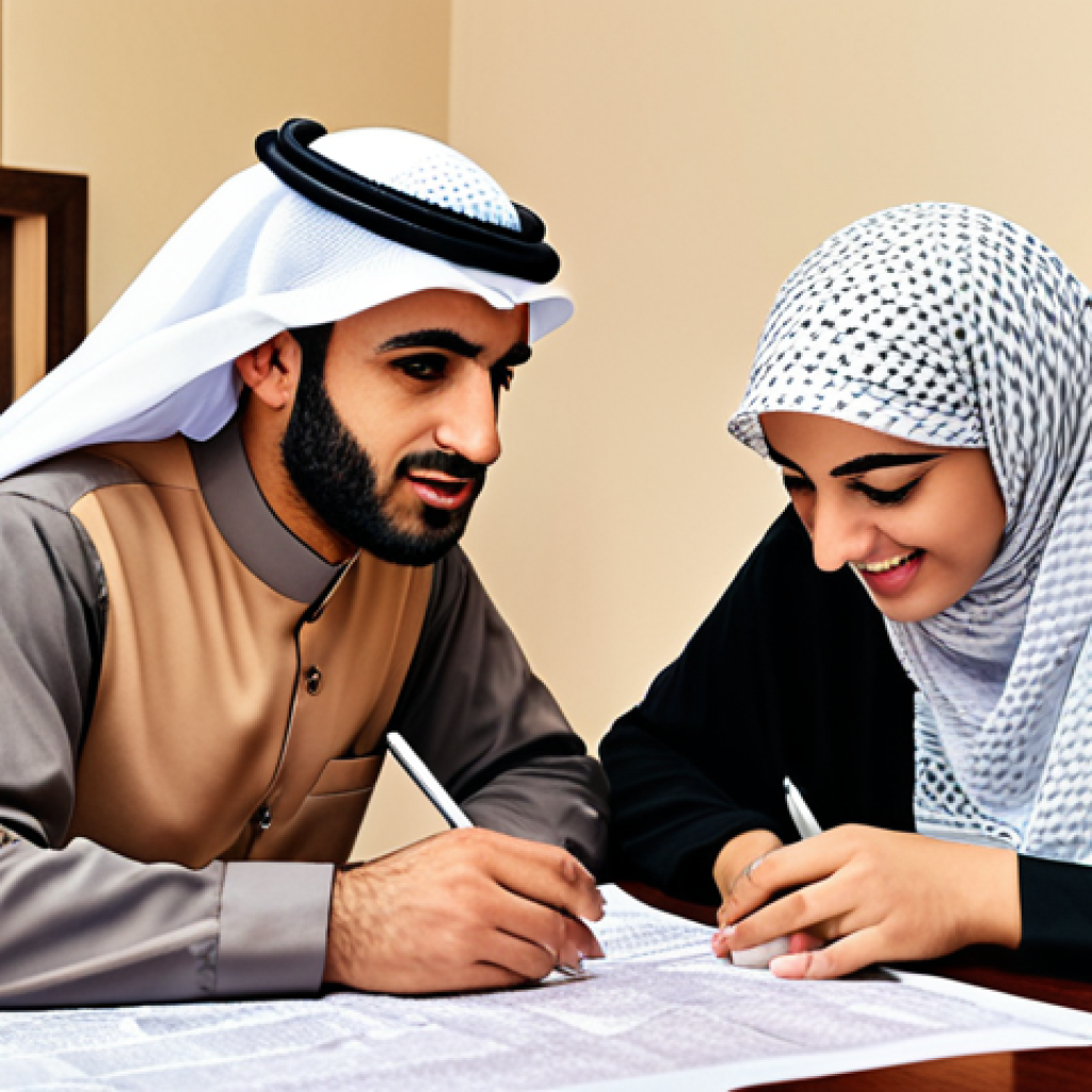 **

Prompt: "A modern Arab family sitting around a table, reviewing real estate tax documents together. The scene is warm and inviting, showcasing financial literacy and family planning. Use traditional Arabic design elements subtly in the background. The documents feature Arabic script and local currency symbols (e.g., SAR or AED)."

**