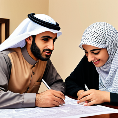 Home 4 **
Prompt: "A modern Arab family sitting around a table, reviewing real estate tax documents together. The scene is warm and inviting, showcasing financial literacy and family planning. Use traditional Arabic design elements subtly in the background. The documents feature Arabic script and local currency symbols (e.g., SAR or AED)."
**