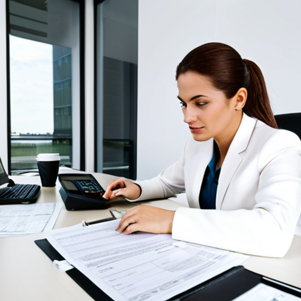 **

A professional accountant in a modest business attire, working on property tax returns. The setting is a well-lit office with financial documents and a computer. The scene should convey expertise and trustworthiness. fully clothed, appropriate content, safe for work, perfect anatomy, natural proportions, professional, family-friendly.

**