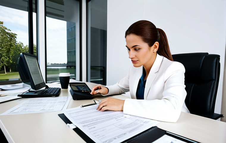 **
A professional accountant in a modest business attire, working on property tax returns. The setting is a well-lit office with financial documents and a computer. The scene should convey expertise and trustworthiness. fully clothed, appropriate content, safe for work, perfect anatomy, natural proportions, professional, family-friendly.
**