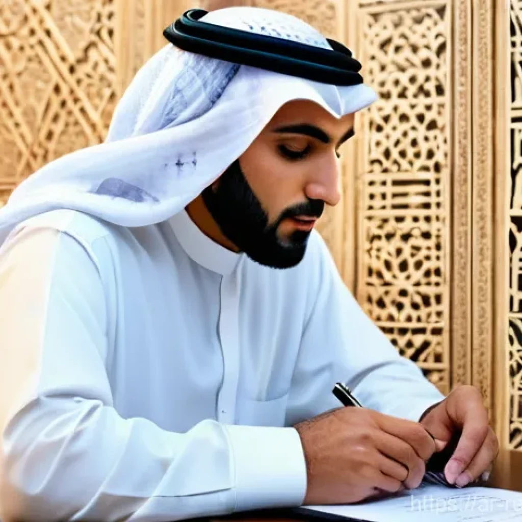 부동산 세금 상담 시 유의사항 - **Prompt:** A diligent Arab man in his late 30s, wearing a smart thobe and ghutra, is meticulously o...