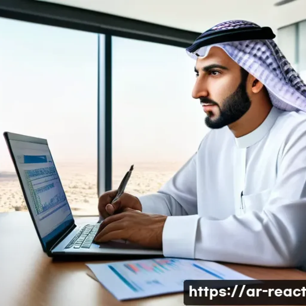 부동산 세금 보고서 작성 방법 - A professional Arab man in traditional Saudi attire (thobe and ghutra) sitting at a modern desk in a...