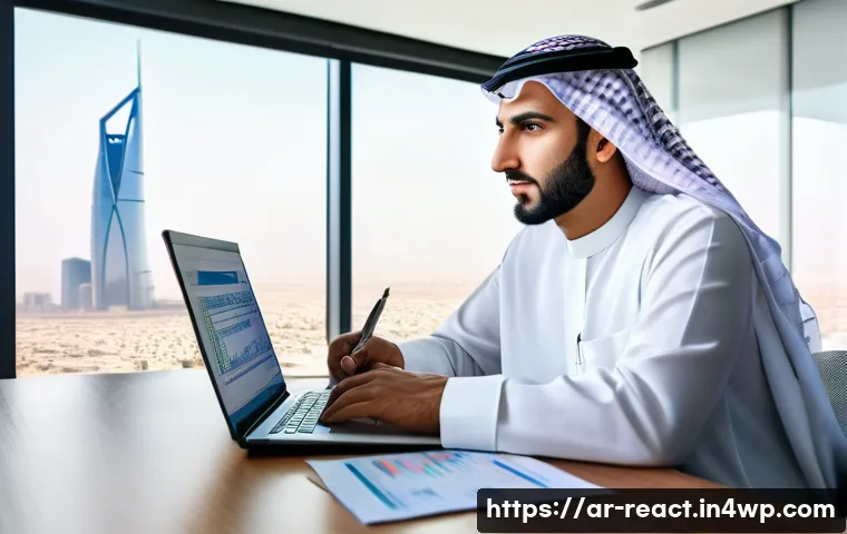 부동산 세금 보고서 작성 방법 - A professional Arab man in traditional Saudi attire (thobe and ghutra) sitting at a modern desk in a...