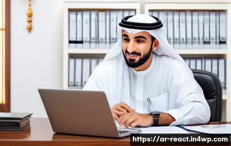 부동산 세금 신고에 필요한 서류 - A professional Arab man in traditional Gulf attire (white thobe and ghutra) sitting at a modern desk...