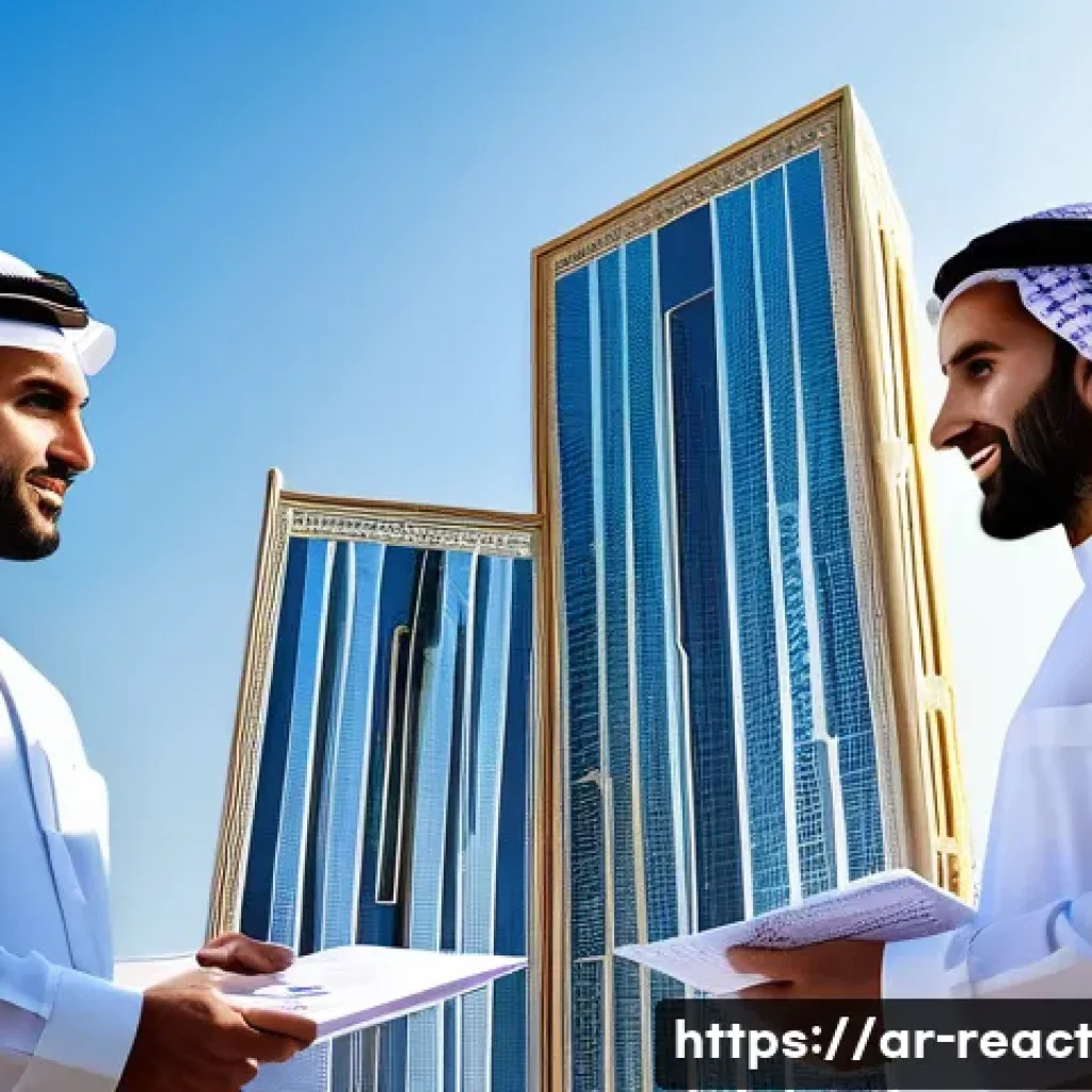 부동산 매매 계약과 세금 관계 - A detailed urban real estate market scene in a Middle Eastern city, showing a modern high-rise resid...