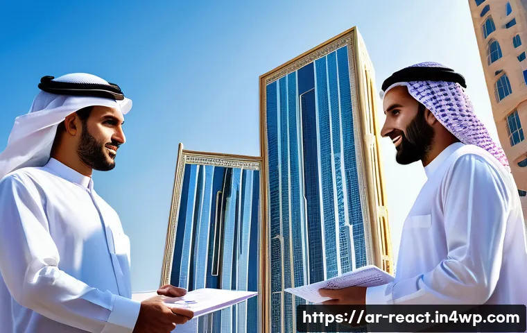 부동산 매매 계약과 세금 관계 - A detailed urban real estate market scene in a Middle Eastern city, showing a modern high-rise resid...