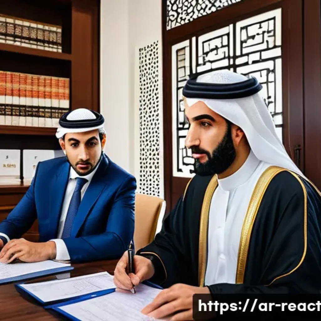 부동산 세금 신고 과정의 법적 측면 - A detailed office scene showing an Arab real estate investor consulting with a legal tax advisor. Th...