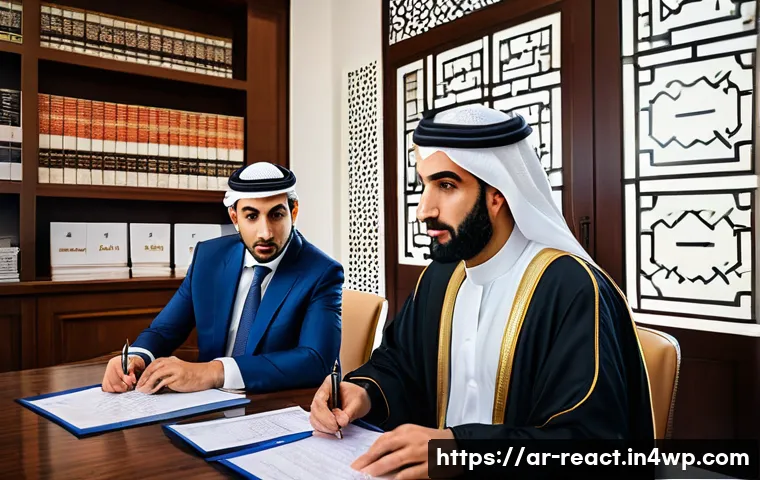 부동산 세금 신고 과정의 법적 측면 - A detailed office scene showing an Arab real estate investor consulting with a legal tax advisor. Th...