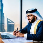 Home 21 부동산 임대 소득 세금 가이드 - A professional Arab real estate investor in traditional business attire reviewing detailed financial...