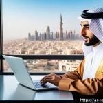 Home 18 부동산 세금 신고 방법 - A modern Middle Eastern urban office setting where a professional Arabic-speaking taxpayer, dressed ...