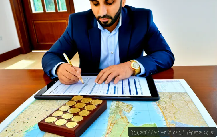 Home 17 세금 계획을 위한 부동산 가치 평가 - Photorealistic overhead scene of an Arab real estate appraiser and a financial advisor seated at a p...